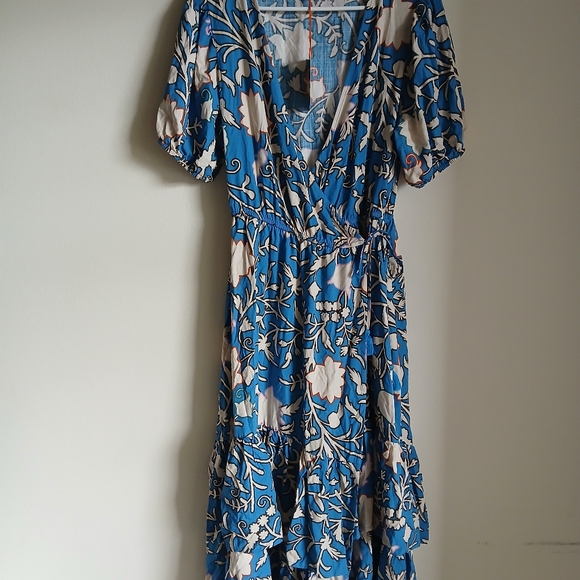 Women’s Knox Rose Blue Floral Puff Sleeve Layered Ruffle Hem Wrap Maxi Dress NWT - Picture 13 of 14